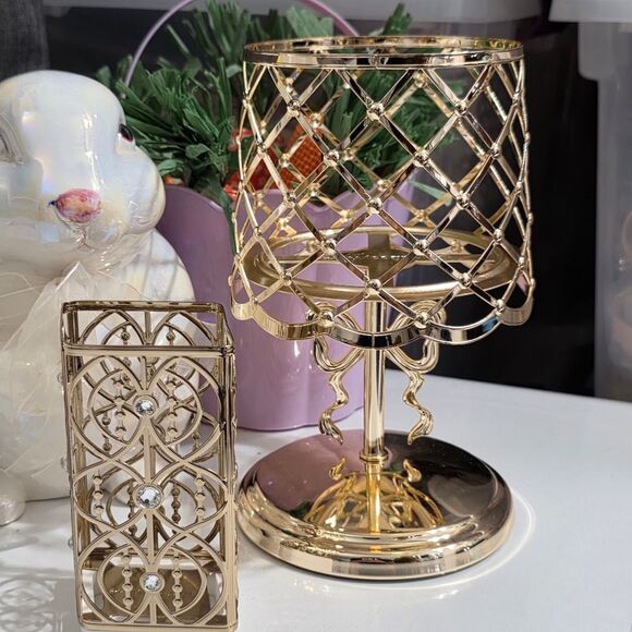 Bath & Body Works Elegant Gold Bow Candle Holder & Diamond Holder Gift Set NEW - Picture 2 of 4